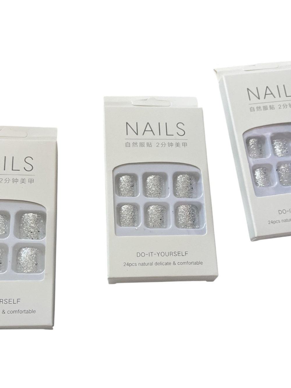 New 3 boxes Silver Glitter Press-On Toe Nail Set - 24nails per box, all sizes
